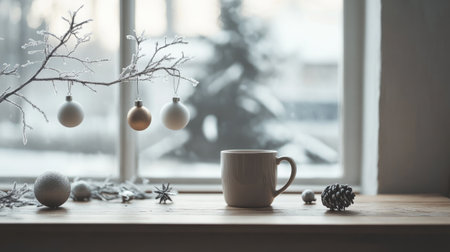 A minimalist Scandinavian style setup featuring a festive mug, hanging ornaments, and a frosted branch on a simple table, creating a cozy, wintery ambiance.の素材