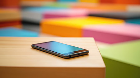 A smartphone placed on a wooden table, surrounded by a colorful retail environment, highlighting its contemporary design and tech appeal.の素材