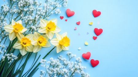 A top-down view of blooming daffodils and gypsophila, accompanied by heart-shaped confetti, on a peaceful pastel blue setting, ideal for spring-themed advertising.の素材