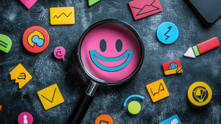 A magnifying glass over a smiley face surrounded by feedback icons, highlighting customer satisfaction and survey responses for service enhancement.の素材