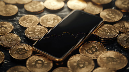 A smartphone displayed prominently with golden cryptocurrency coins surrounding it, showcasing the digital wealth and potential of the cryptocurrency market.の素材