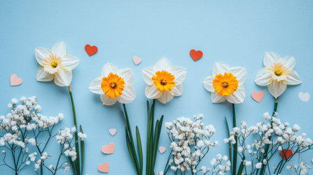 A top-down view of blooming daffodils and gypsophila, accompanied by heart-shaped confetti, on a peaceful pastel blue setting, ideal for spring-themed advertising.の素材