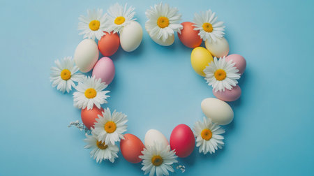 A flat-lay top view photograph of vibrant eggs and spring daisies on a gentle blue backdrop, with an open circle for festive greetings or advertisements.の素材