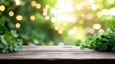 A Saint Patrick's Day-themed side view of an empty table, perfect for presentations, set against a blurred garden backdrop and festive lights.の素材