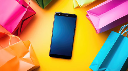 A smartphone with an empty display surrounded by various colorful shopping bags, highlighting retail and consumer trends with a bold and vibrant lookの素材