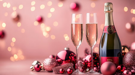 A New Year celebration scene with a champagne bottle, two flutes, and colorful baubles on a soft pink background, capturing the essence of festive joy and elegance.の素材