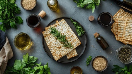 A top-down view of a Passover table layout with matza, wine, olive oil, sesame, and other essentials, arranged on a refined grey surface with additional greenery.の素材
