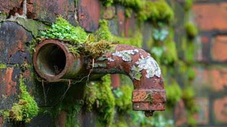 Aged drainpipe detail with corrosion and moss, showing natural wear on forgotten buildingの素材