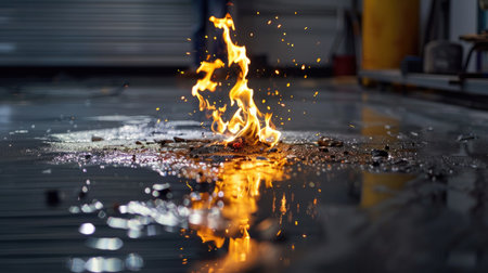 Bright fire bursts create dramatic light on black floor, heat and danger illustrated through reflectionの素材