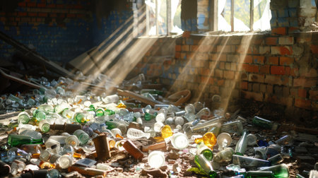 Broken glassware scattered in dusty factory ruin, sunbeams cut through shattered windows in moody lightの素材