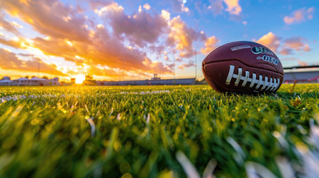 Football resting on turf with glowing sunset sky above, low-angle adds drama and game-day feelの素材