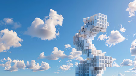 Abstract sci-fi concept of sine wave curves interacting with 3D cube under soft sky-blue tonesの素材