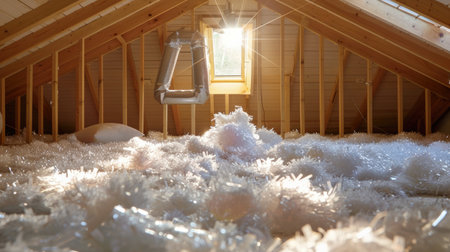 Shiny aluminum foil insulation reflects light in unfinished attic, concept of home energy efficiencyの素材