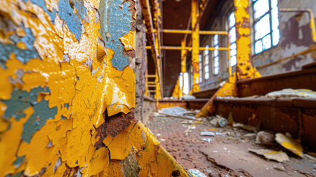 Oxidized corridor in abandoned factory with heavy rust tones and peeling surfaces, urban decay conceptの素材