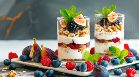 Healthy layered yogurt dish with figs, berries, and dates in warm-toned tablewareの素材