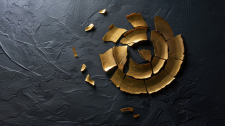 Golden slices laid symmetrically on dark matte surface, dramatic lighting highlights fine textureの素材