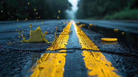 Close-up of stormy rainfall splashing over wet asphalt, yellow road line glowing in moody lightの素材