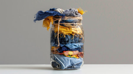 Jar containing layered scraps of indigo-dyed fabric, used and softened over time, natural dye textures visibleの素材