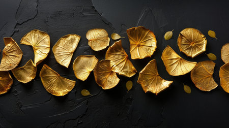 Golden slices laid symmetrically on dark matte surface, dramatic lighting highlights fine textureの素材