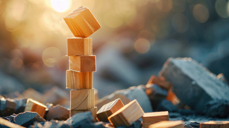 Business survival concept with one wooden block standing tall in a collapsed structure, focus on perseveranceの素材