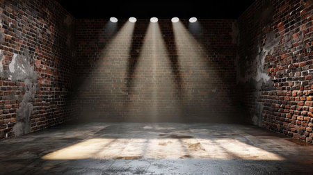 Dimly lit empty space with aged brick and spotlighted floor, perfect for promotional design mockupの素材