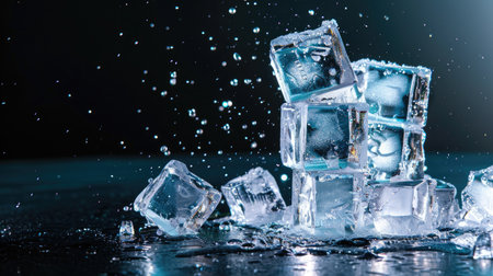 Crystal-clear blocks of ice stacked or scattered on dark surface, glistening with sharp edges and textureの素材