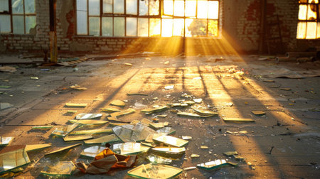 Abandoned warehouse floor littered with vintage glass under golden sun rays from broken window panesの素材