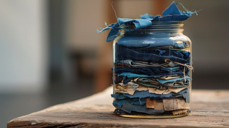 Jar containing layered scraps of indigo-dyed fabric, used and softened over time, natural dye textures visibleの素材