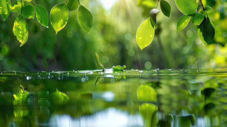 Lush greenery reflected in calm waters, a tranquil view of nature foliage and aquatic harmonyの素材
