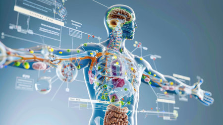 Transparent body outline showing major systems in vibrant hues, clean scientific diagramの素材