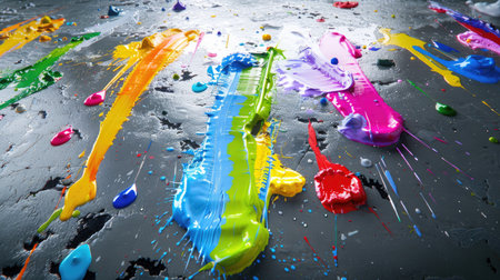 Vivid paint drops scattered across textured concrete under dramatic lighting with glossy reflectionsの素材