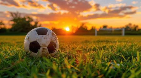 Soccer ball in foreground, orange twilight sky behind, capturing energy and anticipation of playの素材