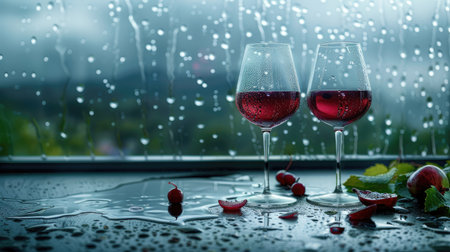 Elegant red wine glasses set by a misty windowpane, raindrops trailing down the glassの素材
