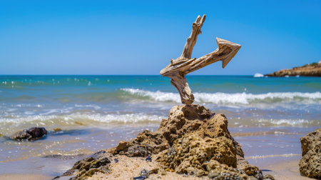 Arrow made from driftwood pointing toward ocean waves, clear sky above for nature and travel themesの素材