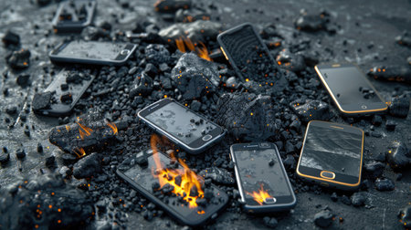Charred mobile devices on gritty surface, concept photo illustrating electronic fire risk and device failureの素材