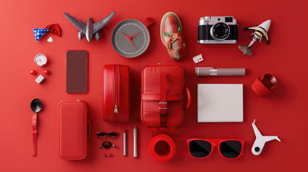 Bold red travel items styled against vibrant red background, minimal and eye-catching flatlayの素材
