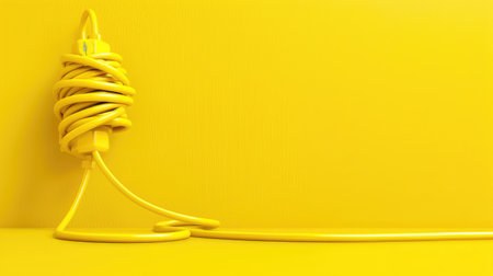 Bright yellow cable spiraled neatly on matching yellow backdrop, bold and minimal tech conceptの素材