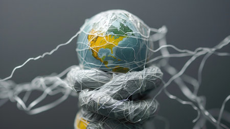 Anthropomorphic Earth figure trapped in plastic mesh and gray haze, symbolizing climate entrapmentの素材