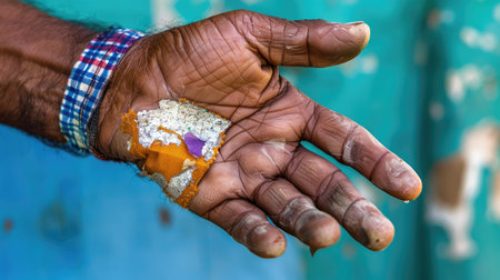 Detailed medical photo of hand affected by leprosy, emphasizing symptoms in a stark clinical settingの素材
