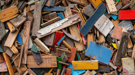 Pile of discarded wood trims in varied tones and textures, chaotic and raw material feelの素材
