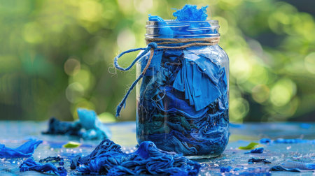 Worn indigo textiles soaking in a clear jar, organic tones and textures reflect traditional dyeing methodsの素材