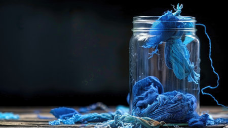 Worn indigo textiles soaking in a clear jar, organic tones and textures reflect traditional dyeing methodsの素材