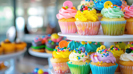 Close-up on multi-tier cupcake tower with vibrant frosting and playful edible toppers, minimal backdropの素材