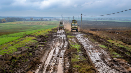 Convoy of military vehicles near fortifications on dirt path, overcast weather sets serious toneの素材