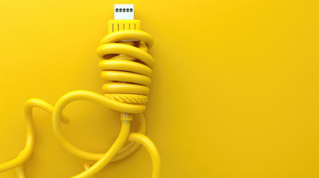 Bright yellow cable spiraled neatly on matching yellow backdrop, bold and minimal tech conceptの素材