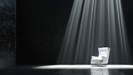 Dramatic lighting reveals white designer chair in stark contrast to deep black backgroundの素材