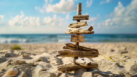 Weathered driftwood arranged as directional sign on beach sand, ocean in background and adventure toneの素材
