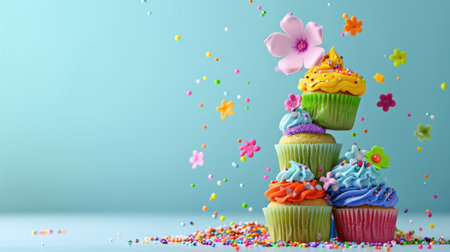 Cupcake tower in vivid colors, decorated with sprinkles and tiny sugar flowers, against clean pastel backgroundの素材