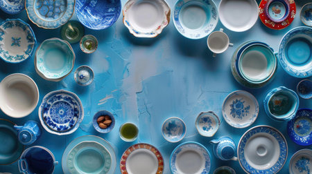 Blue-toned vintage dishes forming a decorative frame, ideal for food branding or invitationsの素材