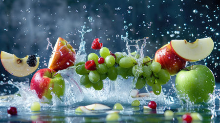 Juicy apples, grapes, and berries mid-air splash, high-speed capture on minimal backdropの素材